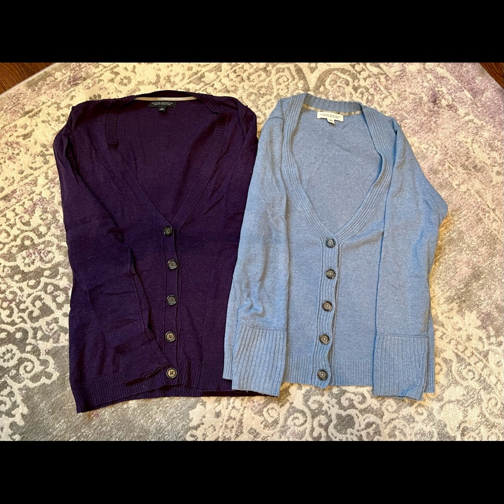 (2) Banana Republic cardigans, size medium, light blue & dark purple. Pre-owned.